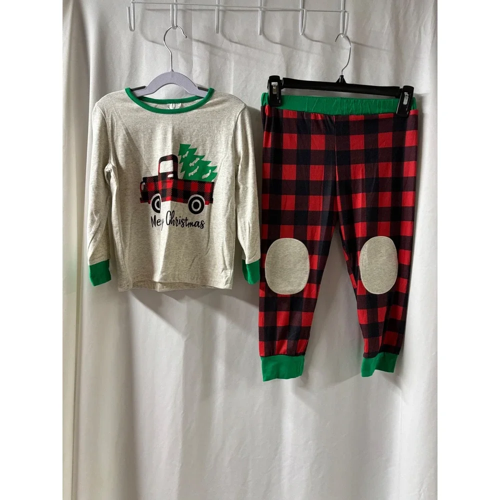 Kids Christmas Pajama Set Long Sleeve Plaid Truck Tree 